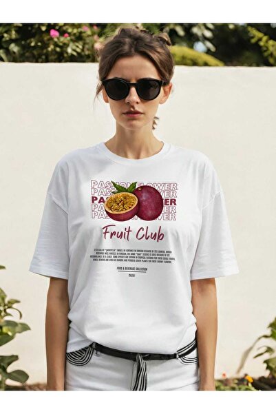 Ankhises Passionflower μπροστινό εμπριμέ λευκό μπλουζάκι υπερμεγέθους ανδρικό γυναικείο βαμβακερό μπλουζάκι με λαιμόκοψη