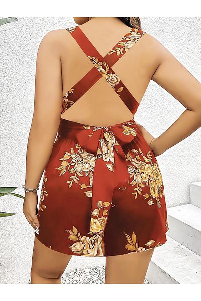 ALFA AKSESUAR 03 Plus Size Brown Floral Patterned Dress with Back Detail