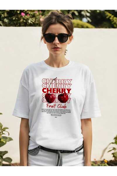 Ankhises Tricou oversize alb cu imprimeu Cherry în față Bărbați Femei Tricou ...