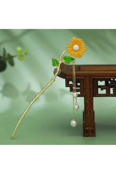 GÜLPEŞE Gold Color Daisy Detailed Bowknot Pencil Buckle Chinese Stick Japanese Buckle