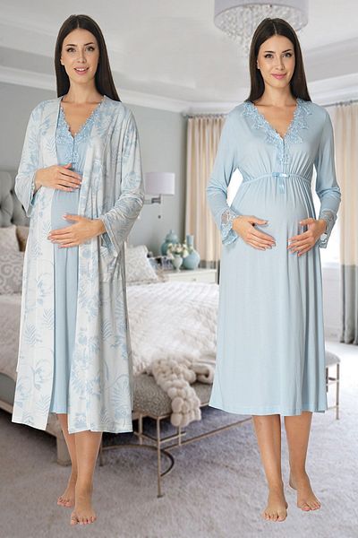 Lohussa Women's Blue Special Design Patterned Long Sleeve 100% Cotton Maternity Maternity Dressing Gown Nightgown Set