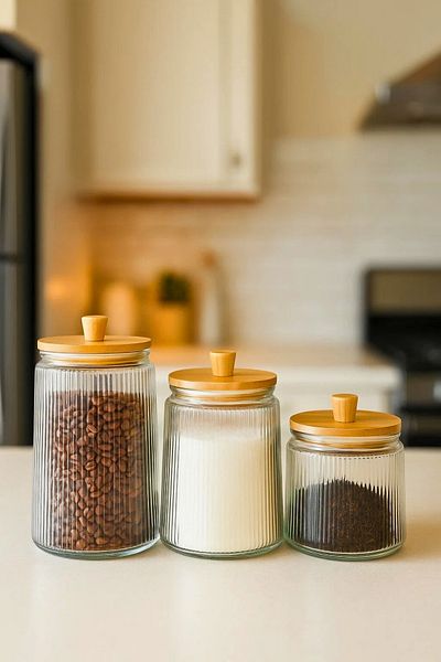 Woodcept 3 Size Bamboo Vacuum Lid Glass Tea Sugar Coffee Salt Storage Jar Set, Storage Container