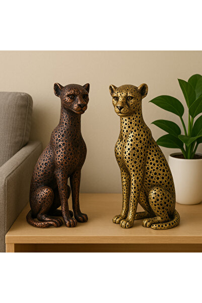 Eymen Hobi Dekoratif Leopar Heykeli Biblo – Altın & Bronz Renk 2Li