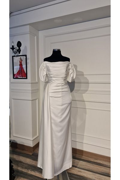 makbuleofficial White Satin Drape Detailed Straples Size Slit Dress