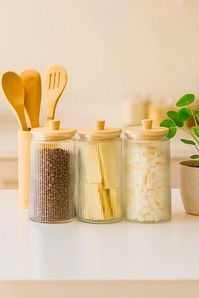 Woodcept Set of 3 Bamboo Vacuum Lid Glass Tea Sugar Coffee Salt Storage Jar, Storage Container 2400 ml