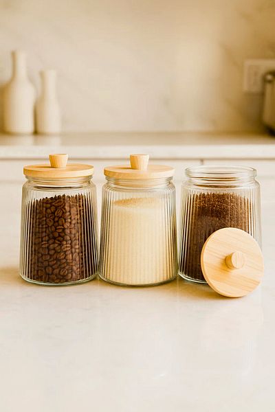 Woodcept Set of 3 Bamboo Vacuum Lid Glass Tea Sugar Coffee Salt Storage Jar, Storage Container 1300 ml