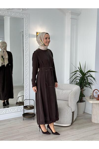 MissWhence Kemerli Cupro Elbise Kahverengi 37838