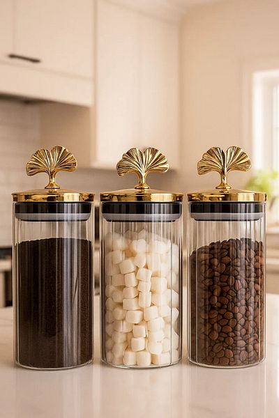 Woodcept 3-Piece Gold Foil Vacuum Lid Glass Jar Food Storage Container, Borosilicate Jar 1500 ml
