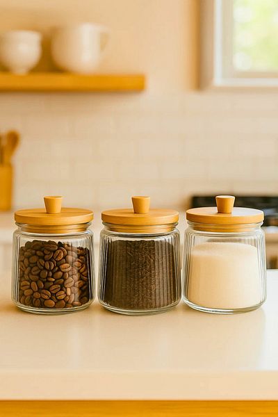 Woodcept Set of 3 Bamboo Vacuum Lid Glass Tea Sugar Coffee Salt Storage Jars, Storage Container 800 ml