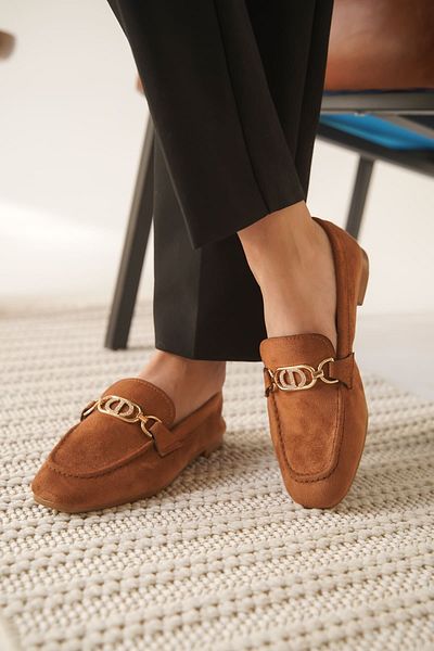 ripuvainen Lurose Women's Suede Stylish Buckle Detailed Casual Loafer Shoes - Tan