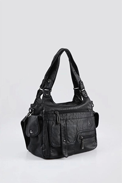 Ovebu Pyser black leather shoulder bag