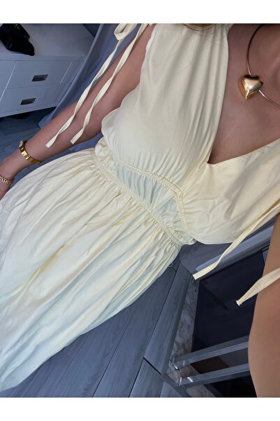 Starmount Butik Kısa Kol Omuzdan Büzgülü V yaka Poplin Gömlek Kumaş Günlük Uzun Elbise