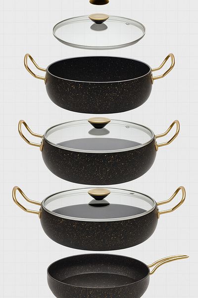 YUNUSOĞLU HOME 7 Piece Granada Granite Pot and Pan Set – 20 cm 2.5L, 24 cm 4.5L, 26 cm Oblate 3L, 26 cm Pan