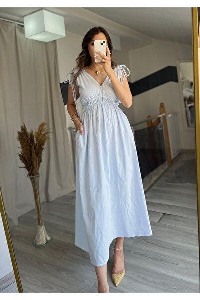 Starmount Butik Kısa Kol Omuzdan Büzgülü V yaka Poplin Gömlek Kumaş Günlük Uzun Elbise