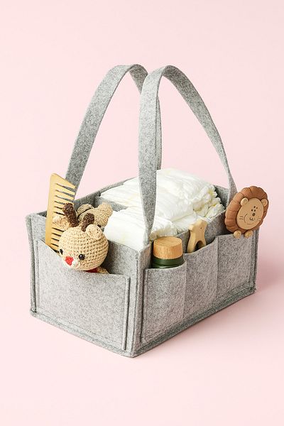 YUNUSOĞLU HOME Gray Felt Mother Baby Care Bag Cream Organizer Organizer for Newborn