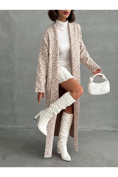 Nosia Women's Leopard Patterned Shawl Collar Maxi Size Knitwear Cardigan
