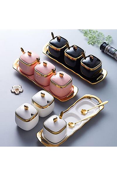 Generic Sugar Bowl with Lid and Spoon Ceramic Spice Jars with Tray Set - Golden Kitchen and Coffee C