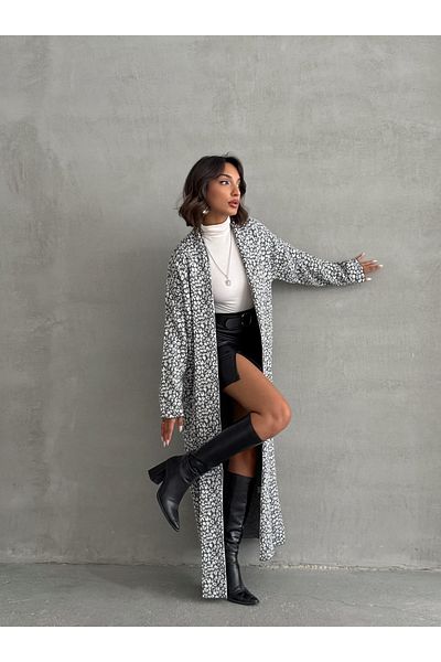 Nosia Women's Leopard Patterned Shawl Collar Maxi Size Knitwear Cardigan