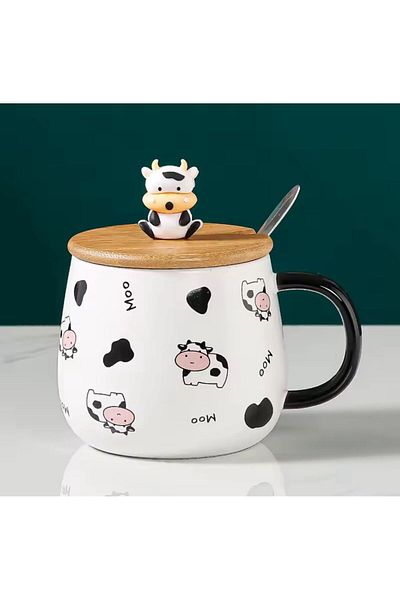 Coverzone Cow Design Ceramic Decorative Gift Mug with Lid and Spoon