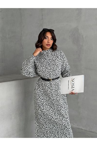 Nosia Women's Turtleneck Leopard Patterned Maxi Size Knitwear Dress