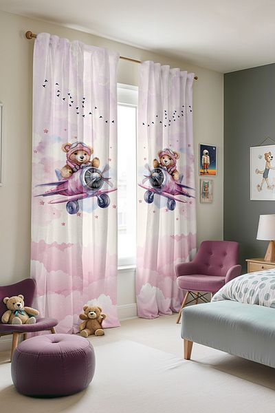 EVPANYA Pink Pilot Teddy Bear Patterned Children's Baby Room Background Curtain (Single Wing Pricing)