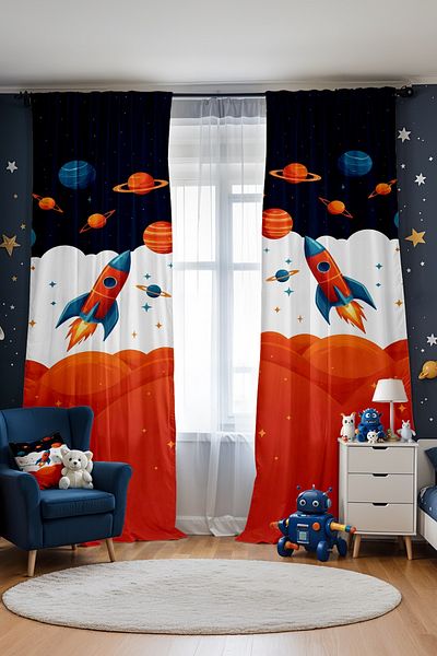 EVPANYA Navy Blue Red Space Patterned Children's Baby Room Background Curtain (Single Wing Pricing)