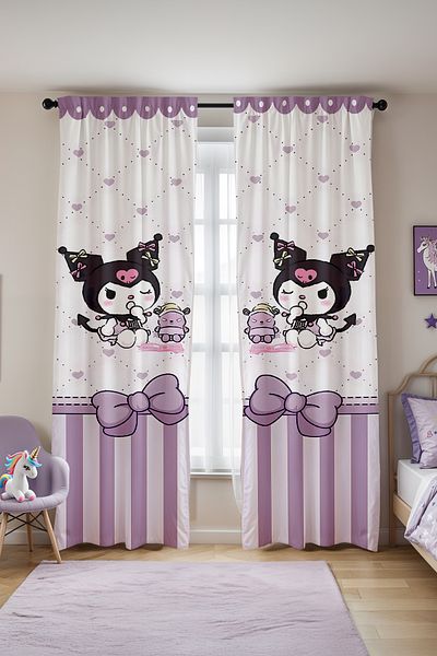 EVPANYA Purple Bow Sleepy Kuromi Patterned Children's Baby Room Background Curtain (Single Wing Pricing)