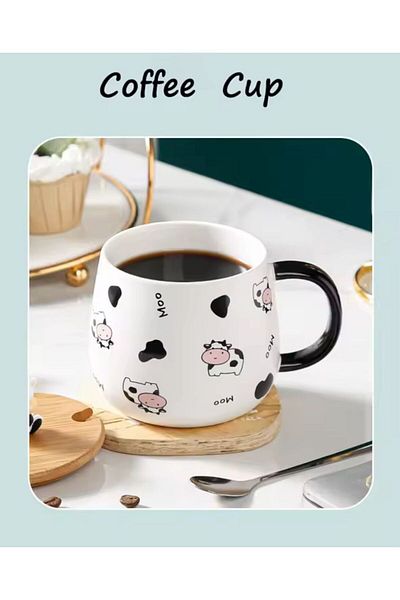 Coverzone Cow Design Ceramic Decorative Gift Mug with Lid and Spoon