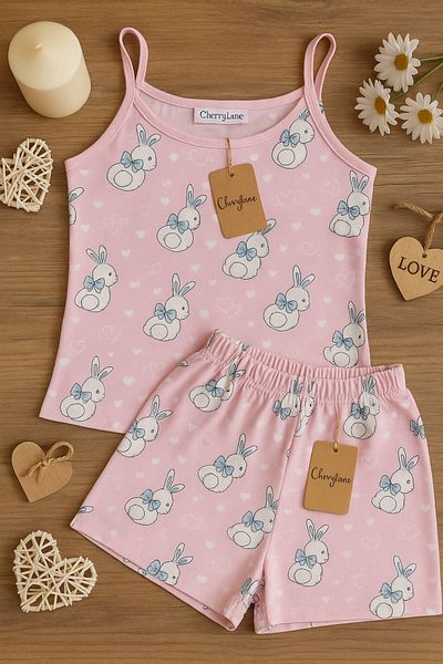 Cherry Lane Rabbit Pattern Powder Pink Suspender Shorts Summer Pajamas Set - Home Wear - Cotton