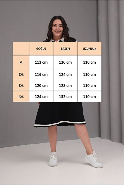 FOR ESRA BIG TREND Women's Plus Size Polo Neck Half Snap White Stripe Detail Sleeveless Stretchy Viscose Dress