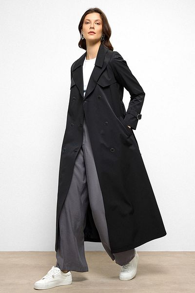 Olcay Water Repellent Double Breasted Long Trench Coat with Cape Detail Black 6761