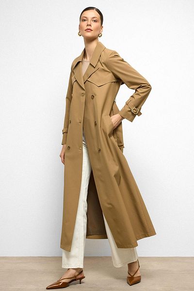 Olcay Water Repellent Double Breasted Long Trench Coat with Cape Detail Kamel 6761
