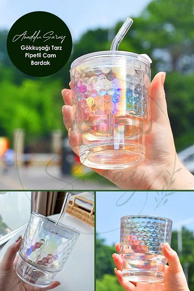 Anadolu Saray Heat Resistant Borosilicate Rainbow Style Cup with Straw| Rainbow Coffee Presentation Cup