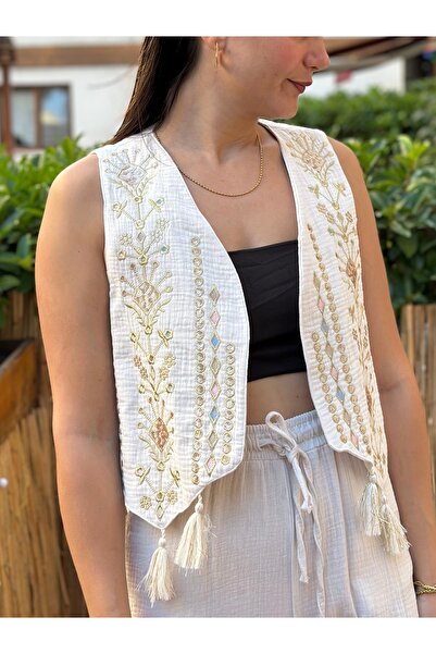 nidistore Beige Women's Muslin Fabric Embroidered Vest Lace-Up Trousers Set