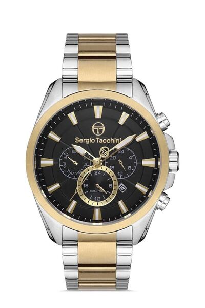 Sergio Tacchini Men's Silver-Gold-Black Steel Case Round Dial Metal Band Wris...