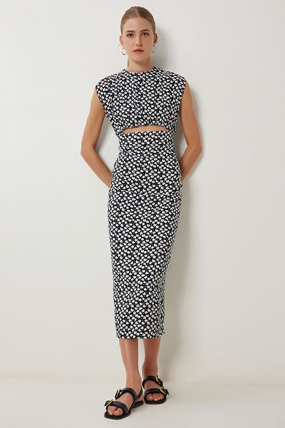 Lovelyİstanbul Patterned Cut Out Detailed Viscose Dress Ldp0073 Black White