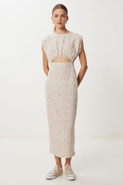 Lovelyİstanbul Patterned Cut Out Detailed Viscose Dress Ldp0073 Cream White