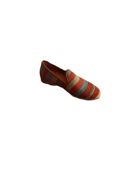 Anatolia Pantofi Sultan piele si textil cusuti si brodati manual, Maro cu dungi orizontale, Multicolor 41