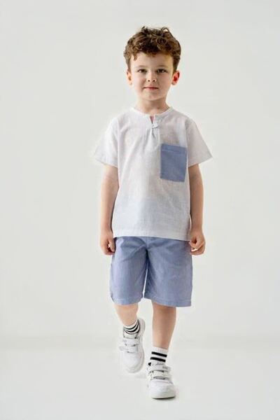 Minigimin Cicileri Miniğimin Cicileri Linen Boy's 2-Piece Set with Pocket Detail Shorts - Blue