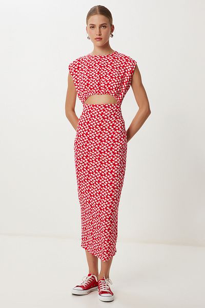 Lovelyİstanbul Patterned Cut Out Detailed Viscose Dress Ldp0073 Red White
