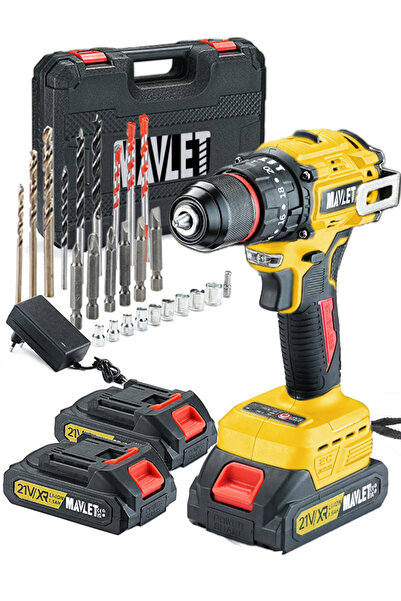 MAVLET 21V Çift Akülü Kömürsüz Darbeli Şarjlı Matkap Vidalama | Saf Bakır Sargı | Çelik Mandren | Sarı
