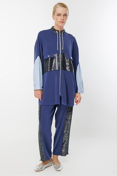 Ghisa Sequin Fabric Mixed Suit Thick Striped Lace