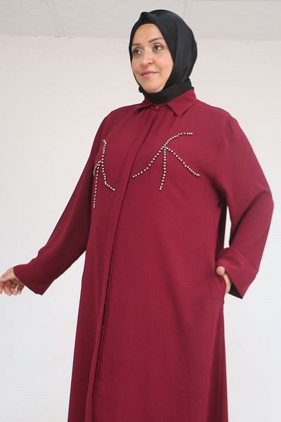 Eslina 56017 Large Size Crepe Ferace with Stone Processing Detail - Claret Red