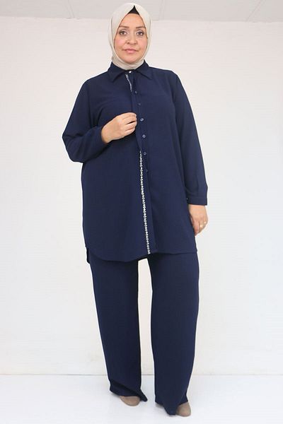 Eslina 57036 Plus Size Crepe Sleeve Cuff Trousers Suit - Navy Blue