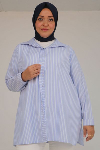 Eslina 58099 Plus Size Men's Collar Buttoned Tunic - Striped Blue