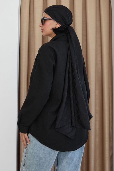 InStyle Λινό ντραπέ Casual μαύρο πουκάμισο