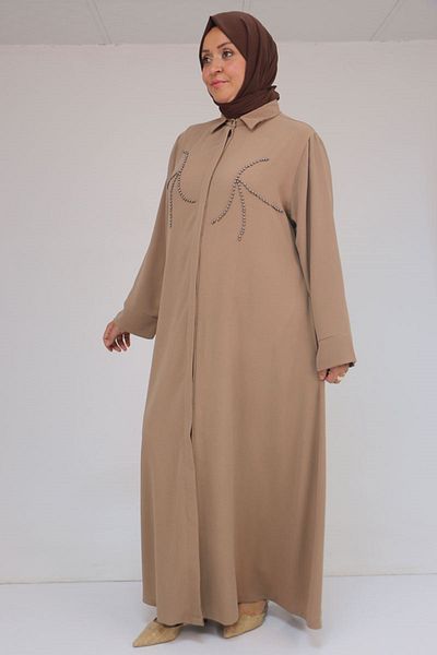 Eslina 56017 Large Size Crepe Ferace with Stone Processing Detail - Mink