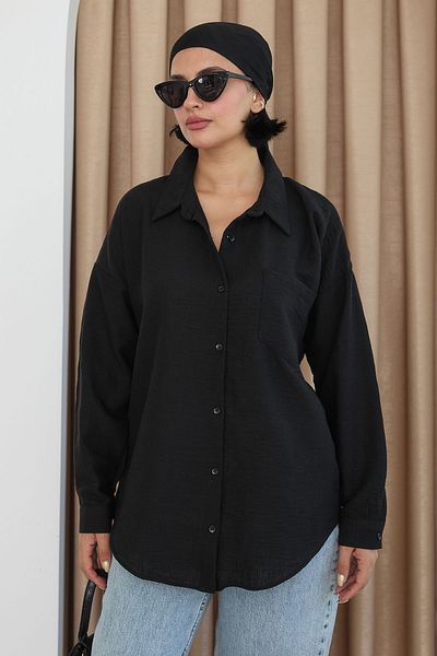 InStyle Λινό ντραπέ Casual μαύρο πουκάμισο