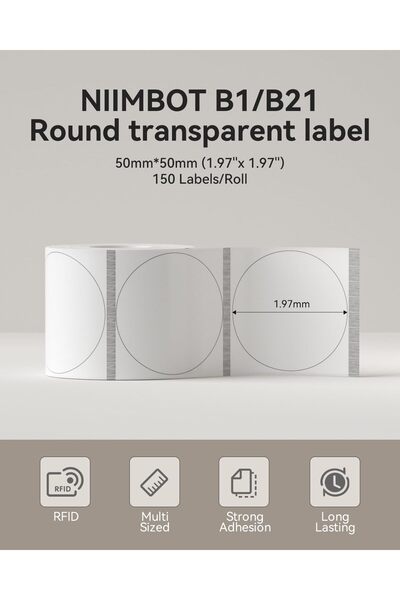 NiiMbot Transparent Round Labels 50×50mm, 150/Roll, Waterproof, for B1 B21 Thermal Label Makers