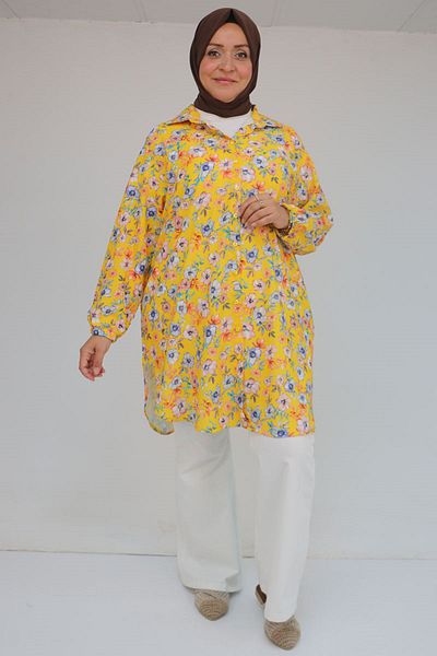 Eslina 58052 Large Size Men's Collared Jesica Shirt Tunic - Magnolia Pattern Mustard